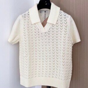 Cream Crochet Knit Polo Top Open Weave Short Sleeve Preppy Sweater Top